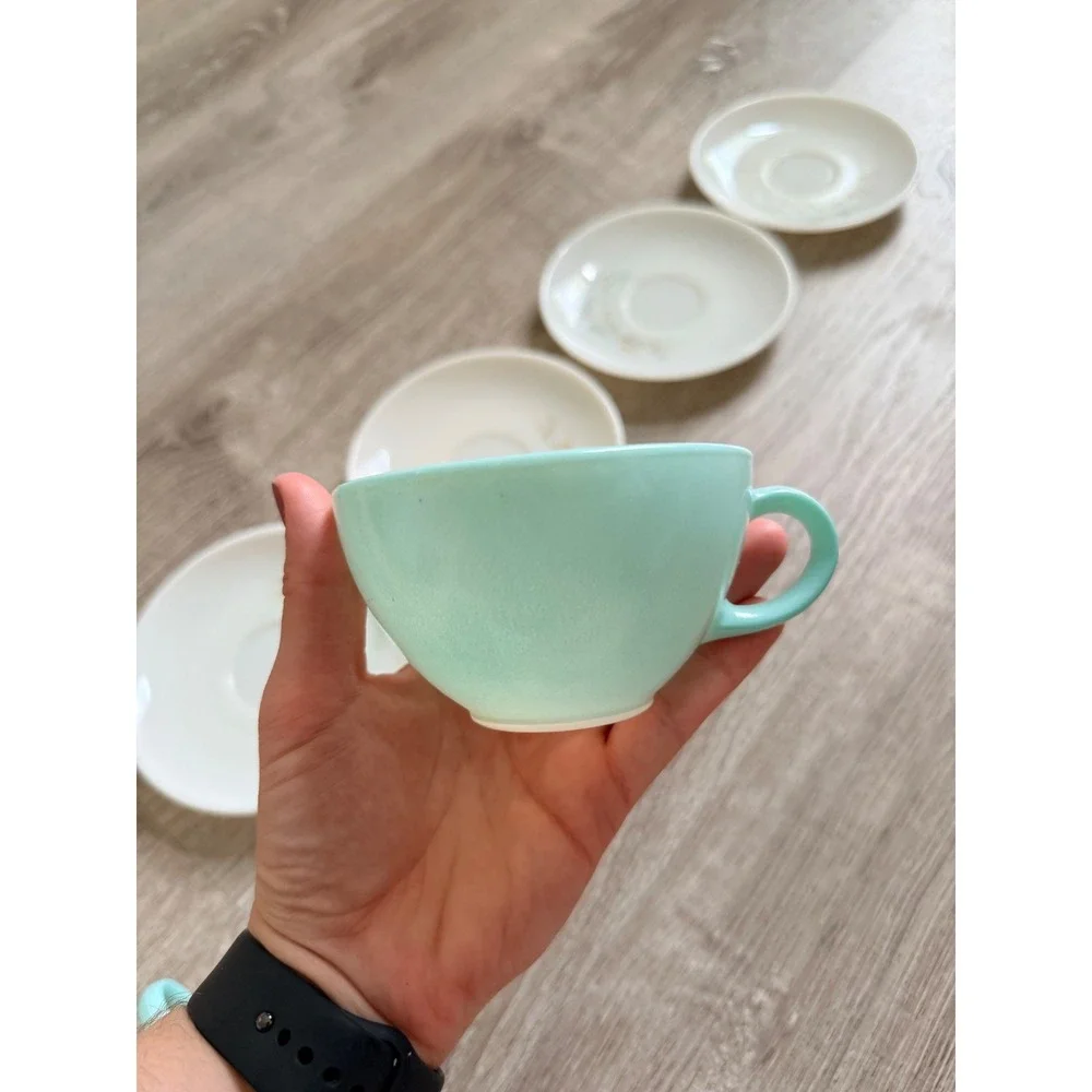 Vintage Pyrex Family‎ Flair Aqua Cups and Pine Needle Saucers Set of 6